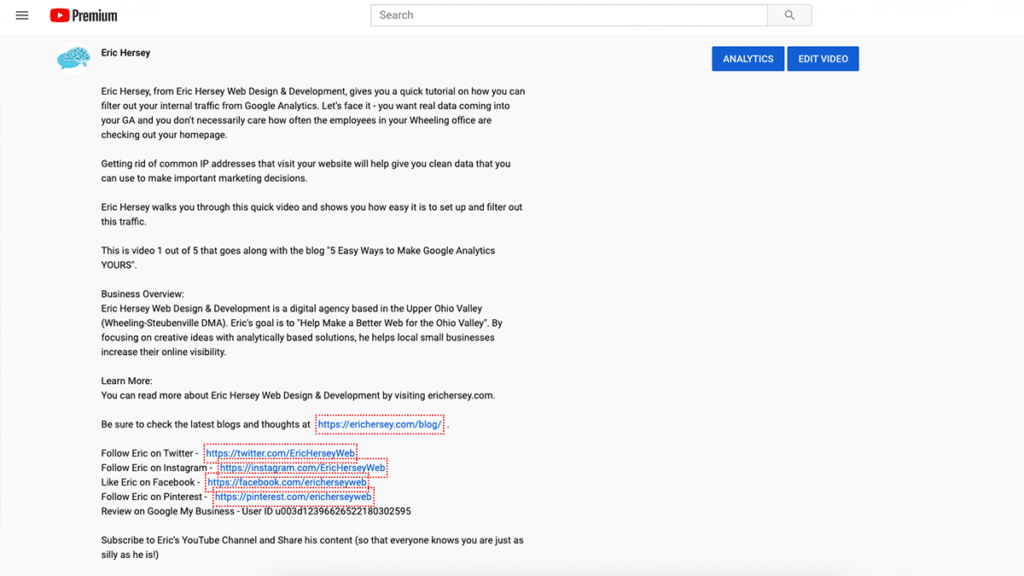 Eric Hersey's YouTube Description for Local SEO