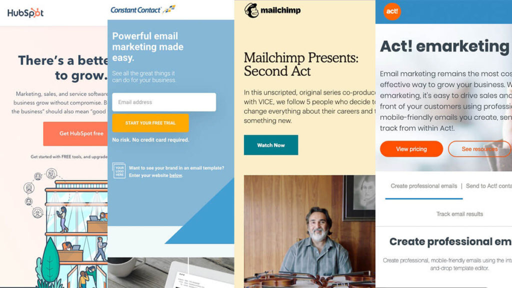 Email Marketing Platforms Screenshot of Homepage - HubSpot, Constant Contact, MailChimp, Act!