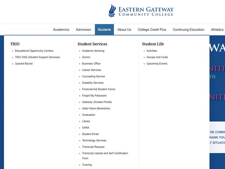 Eastern Gateway Community College Student Services Menu