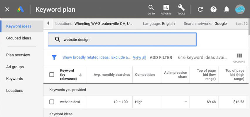 GoogleAds Keyword planner screenshot for website design for Ohio Valley