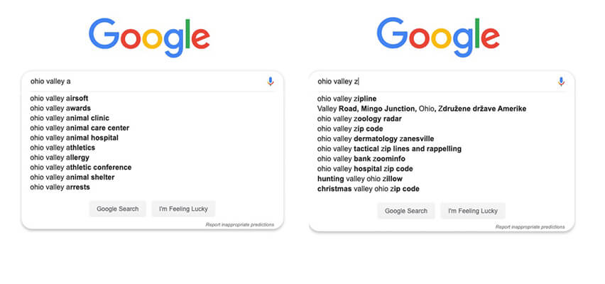 Google.com homepage autocomplete for Ohio Valley A to Z